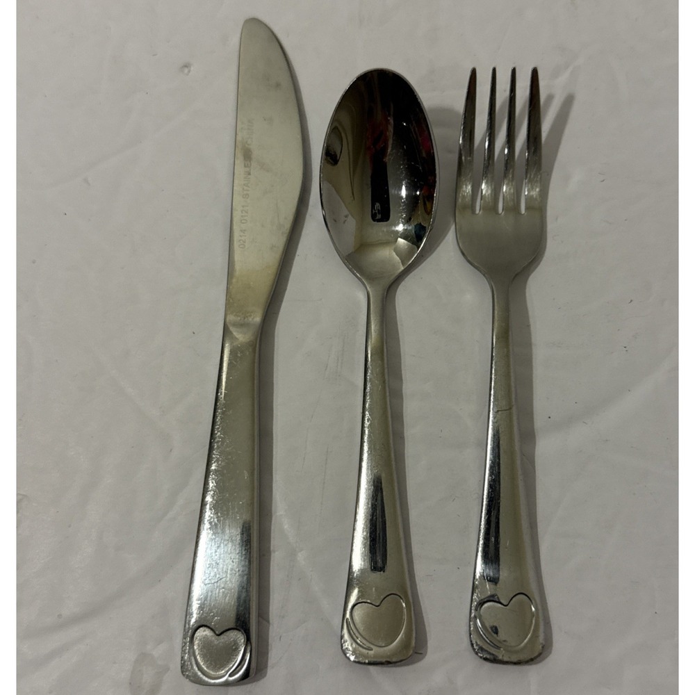 Child Size Silverware Place Setting Spoon Knife Fork With Impressed‎ Heart